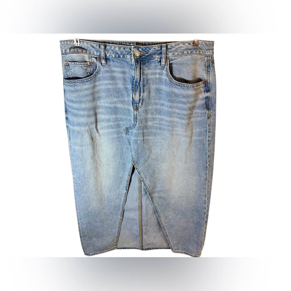 American Eagle AE Dreamy Drape Low Rise Denim Maxi Skirt Front Slit Womens 12 - Picture 5 of 9